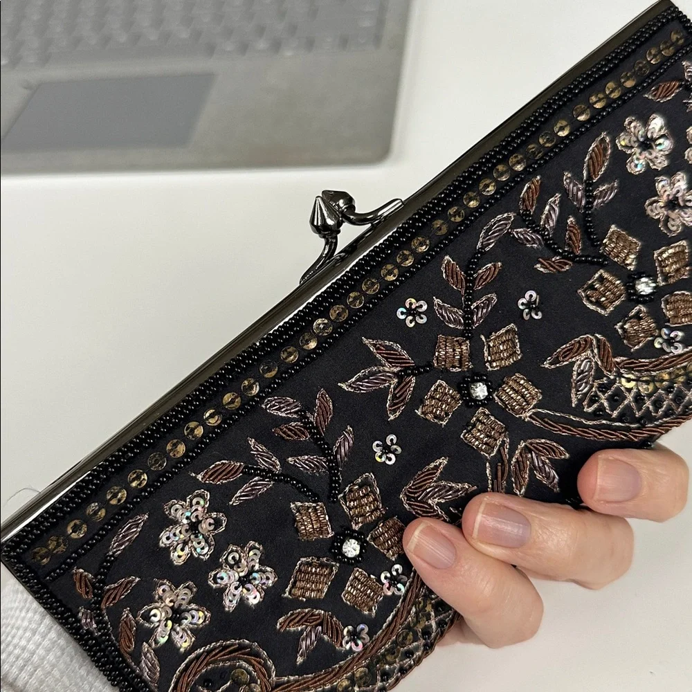 Moyna Embroidered Black Clutch 8.5”x 3.5 x 1” - Picture 4 of 7